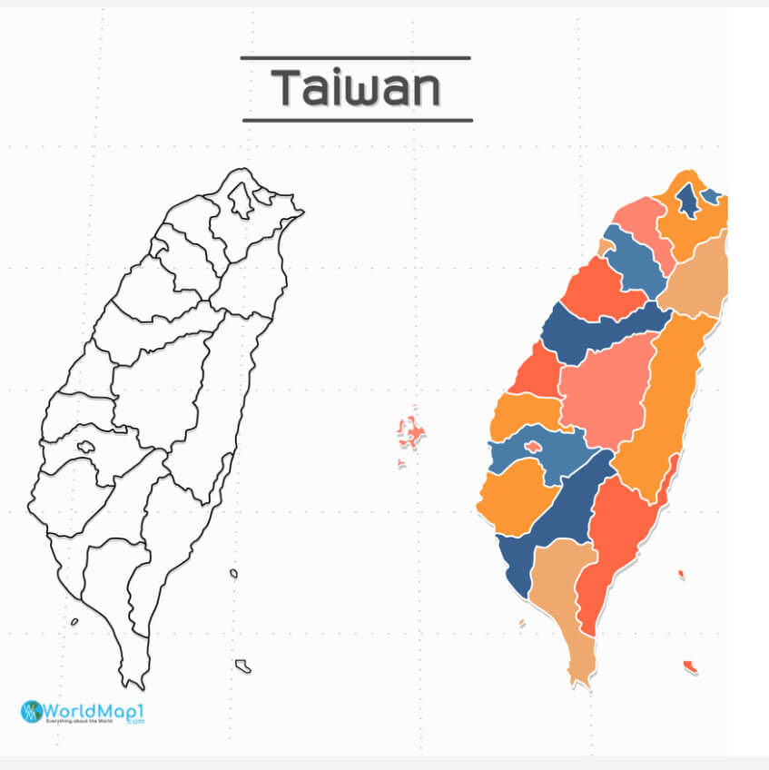 Outlined and Colorful Map of Taiwan